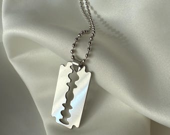 Silver Razor Blade Necklace: Stainless Steel Punk Pendant