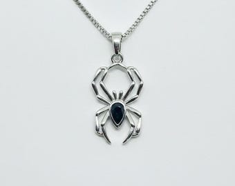Spider Necklace Silver, Gothic Spider Pendant, Black Stone Arachnid Jewelry, Grunge Y2K Necklace, Alternative Gift, Punk Rock Choker
