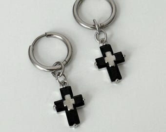 Black zircon cross hoop earrings, Stainless steel gothic huggies, Punk rock crucifix dangles, Layered dark gem jewelry, Unisex alt gift