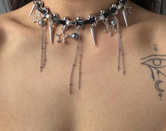Star Spike Goth Choker, Cyberpunk Necklace, Alt Pearl Dangle Collar, Y2K  Necklace, Techno Rave Jewelry