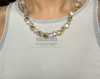 Collier ras de cou en perles dorées et perles, bijoux tendance baroques en perles d'imitation, collier superposé en or