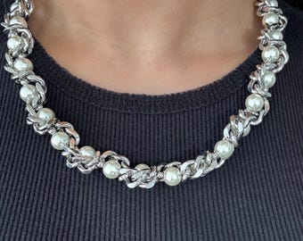 Gothic pearl necklace, silver punk chunky chain twisted with freshwater pearls, edgy alt goth choker, grunge pearls necklace