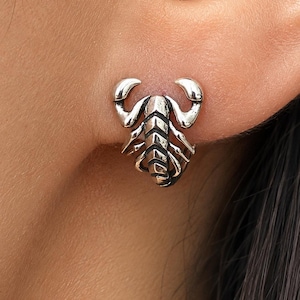 May include: A silver-toned stud earring shaped like a scorpion. The metal piece features a polished finish with dark, recessed detailing to highlight the segmented body, curved tail, and pincers of the arachnid design, secured against the earlobe.