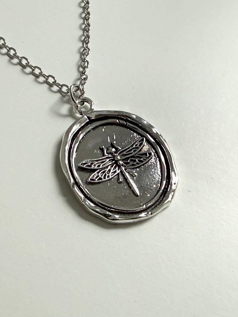 Minimalist Nature Medallion Layout: A clean product shot of the full dragonfly necklace on a white background, demonstrating the symmetrical 45cm cable chain and 35mm x 25mm pendant scale.