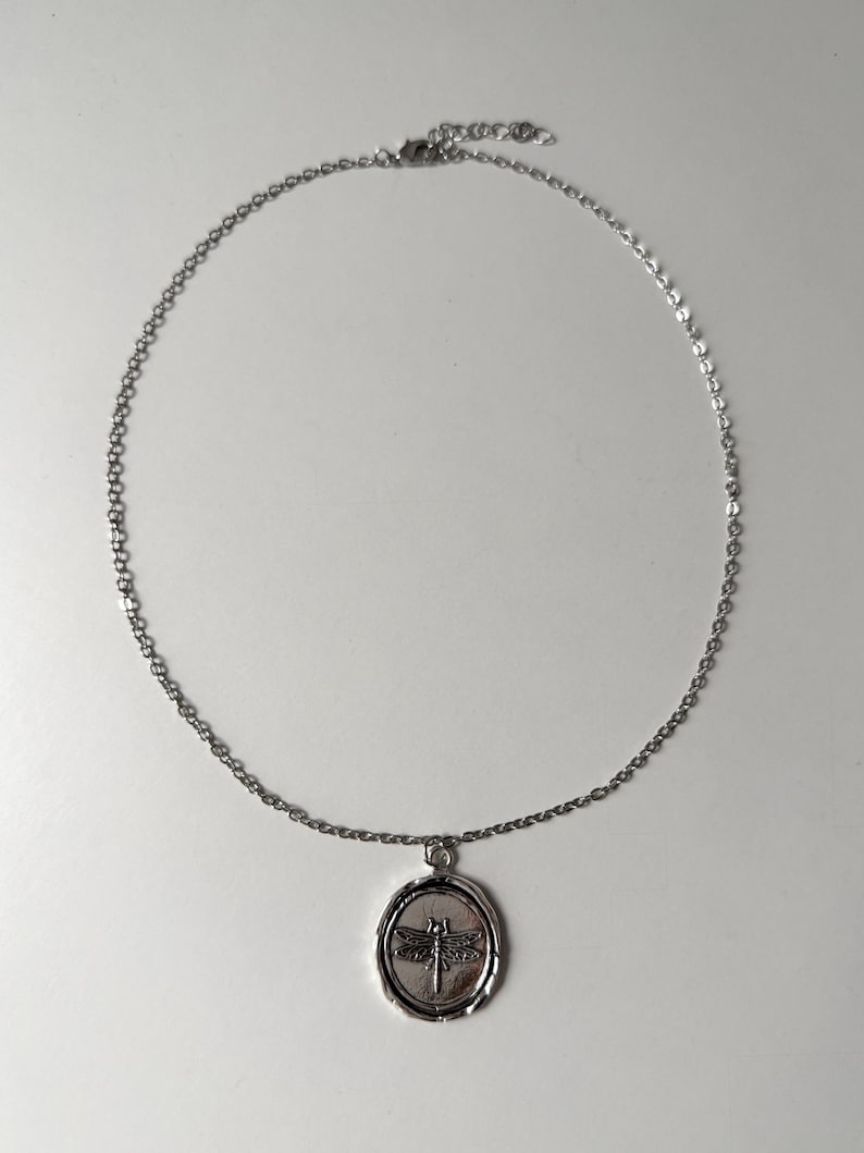 Witchy Amulet Perspective: A side-angle lifestyle image of the dragonfly pendant, highlighting the high-relief metallic texture and silver-toned luster.