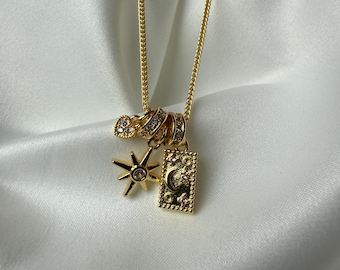 Gold Moon Star Necklace, Celestial Tarot Card Charm Pendant, 14K Gold Plated Silver, Boho gift for her