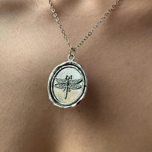Può includere: Collana color argento con un ciondolo con un design a libellula. Il ciondolo ha una forma circolare con un bordo strutturato e un'illustrazione dettagliata di una libellula al centro. La catena è delicata e pende dal collo di una persona.