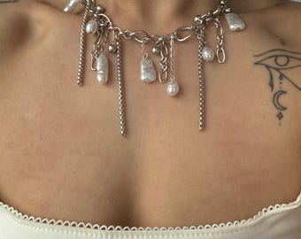 Silver multi charm pearl necklace, alt grunge punk chocker, multi chains