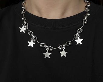 Zilveren sterren bedelketting, Goth Celestial Grungle choker, barbell piercing ketting, punk, alt, rock, edgy, tribale sieraden