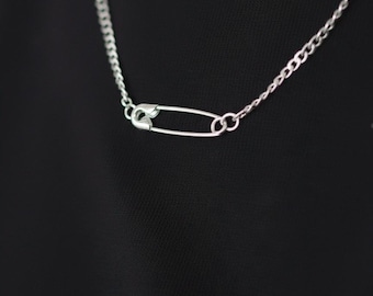Safety Pin Necklace Stainless Steel, Punk Rock Silver Chain, Minimalist Choker for Women, Grunge Jewelry Gift