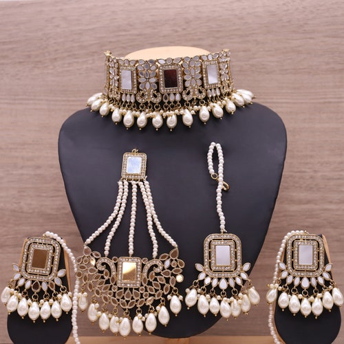 Indian Mirror shops Full Set In A Gold-Colored Base Embellished With Pearl Work And Beads