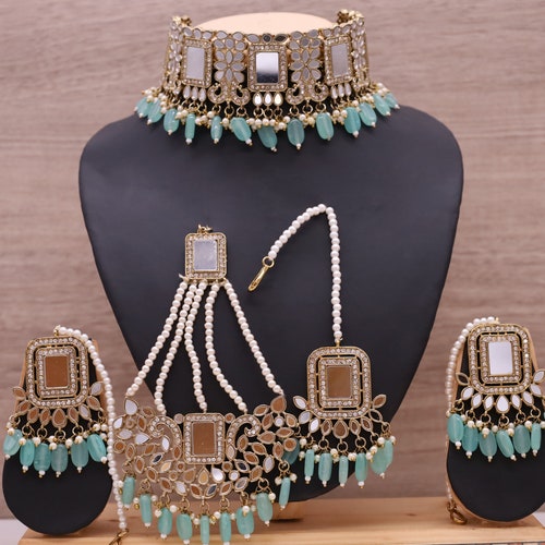 Indian Mirror shops Full Set In A Gold-Colored Base Embellished With Pearl Work And Beads
