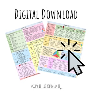 May include: A digital download of printable charts for paediatric assessment. The charts are colour-coded and include information on developmental milestones, early warning signs, and assessment tools. The text on the charts includes "Pediatric Guide", "Developmental Milestones", "Early Warning Signs", "Pediatric Assessment Triangle", "Place-Non Scale", "FLACC Scale", "Respiratory Rate", "Heart Rate", "Blood Pressure", "Temperature", "Variations on Physical Examination & Prognosis", "Signs of Malformations", "Top-Tip Assessment", "Vaccination Schedule USA", "Please note: Laboratory values may differ in children."