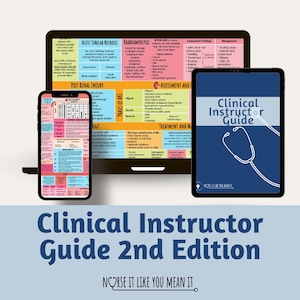 Puede incluir: Una guía digital para instructores clínicos, con un icono de estetoscopio y el texto "Clinical Instructor Guide 2nd Edition". La guía se muestra en una tableta y una computadora portátil, con una versión más pequeña de la guía en un teléfono inteligente.