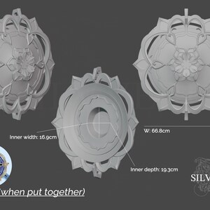 May include: A white, decorative, 3D printed hat with a flower design. The hat is made of multiple pieces that fit together. The hat is 69.3 cm tall, 66.8 cm wide, and 13.9 cm deep. The inner width is 16.9 cm and the inner depth is 19.3 cm.