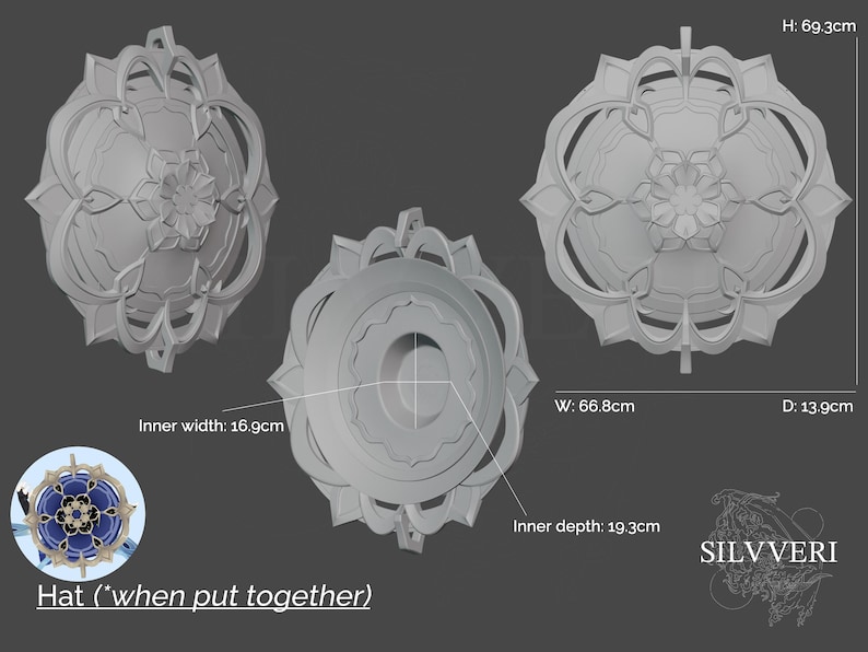 May include: A white, decorative, 3D printed hat with a flower design. The hat is made of multiple pieces that fit together. The hat is 69.3 cm tall, 66.8 cm wide, and 13.9 cm deep. The inner width is 16.9 cm and the inner depth is 19.3 cm.