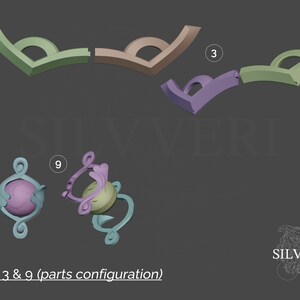 Pu&ograve; includere: Un modello 3D di un pezzo decorativo, suddiviso in nove parti. L'immagine mostra le parti 3 e 9, che sono entrambe verdi e viola. Il testo "Parts 3 & 9 (parts configuration)" &egrave; in basso nell'immagine.