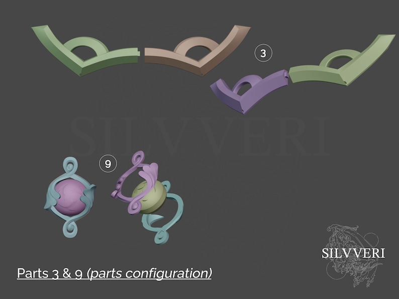 Pu&ograve; includere: Un modello 3D di un pezzo decorativo, suddiviso in nove parti. L'immagine mostra le parti 3 e 9, che sono entrambe verdi e viola. Il testo "Parts 3 & 9 (parts configuration)" &egrave; in basso nell'immagine.