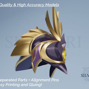 May include: A 3D printed helmet with gold and purple accents. The helmet is designed for easy printing and gluing, with pre-separated parts and alignment pins.