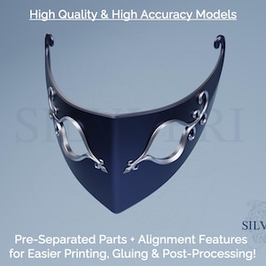 May include: A dark blue mask with silver accents and decorative flourishes. The mask has eye openings and a curved top with upward-curving points. Text on the image reads "High Quality & High Accuracy Models" and "Pre-Separated Parts + Alignment Features for Easier Printing, Gluing & Post-Processing!"