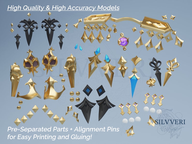 Pu&ograve; includere: Un set di pezzi stampati in 3D pre-separati per una corona, con accenti dorati, neri e blu. I pezzi sono progettati per una facile stampa e incollaggio. Il testo "High Quality & High Accuracy Models" e "Pre-Separated Parts + Alignment Pins for Easy Printing and Gluing!" &egrave; visibile nell'immagine. Il testo "SILVVERI" &egrave; anche visibile nell'immagine.