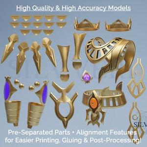 May include: A set of 3D printed golden armor pieces, including a crown, shoulder pads, gauntlets, and other accessories. The pieces are pre-separated for easier printing, gluing, and post-processing. The text "High Quality & High Accuracy Models" and "Pre-Separated Parts + Alignment Features for Easier Printing, Gluing & Post-Processing!" is visible in the image.