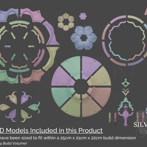 May include: A set of 3D printable models for a decorative wall art project. The models are designed to fit within a 25cm x 21cm x 22cm build volume. The models are in various colors, including pink, blue, green, and yellow.