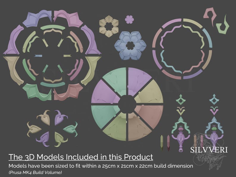 May include: A set of 3D printable models for a decorative wall art project. The models are designed to fit within a 25cm x 21cm x 22cm build volume. The models are in various colors, including pink, blue, green, and yellow.