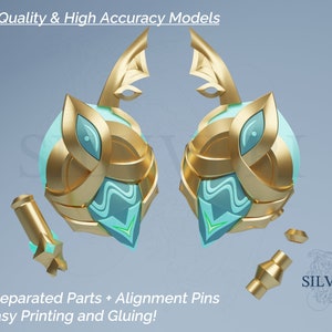 Può includere: Due modelli di un elmo stampati in 3D in oro e turchese con parti pre-separate e perni di allineamento per una facile stampa e incollaggio. Il testo "High Quality & High Accuracy Models" e "Pre-Separated Parts + Alignment Pins for Easy Printing and Gluing!" è visibile nell'immagine. Il testo "SILVVERI" è anche visibile nell'immagine.