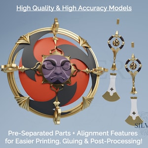 Puede incluir: Un modelo impreso en 3D de un escudo circular con un diseño negro y dorado. El escudo tiene un centro rojo con una cara estilizada en el centro. El escudo está separado en varias partes para facilitar la impresión y el montaje. El texto "High Quality & High Accuracy Models" y "Pre-Separated Parts + Alignment Features for Easier Printing, Gluing & Post-Processing!" es visible en la imagen.