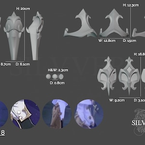 Pu&ograve; includere: Tre viste diverse di un modello stampato in 3D di un pezzo decorativo con un'altezza di 20 cm, una larghezza di 8,7 cm e una profondit&agrave; di 6,1 cm. Il modello &egrave; realizzato in un materiale grigio chiaro e presenta un design complesso con dettagli intricati. Il modello &egrave; mostrato in vista frontale, laterale e posteriore. L'immagine include anche un primo piano dei dettagli del modello, mostrando il design intricato e la finitura superficiale liscia. L'immagine include anche il testo "Parts 8" e "SILVVERI".