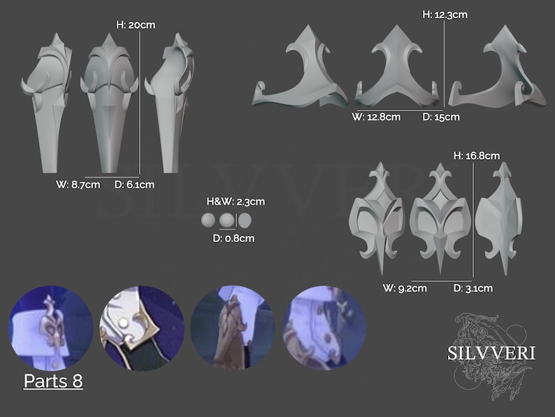 Pu&ograve; includere: Tre viste diverse di un modello stampato in 3D di un pezzo decorativo con un'altezza di 20 cm, una larghezza di 8,7 cm e una profondit&agrave; di 6,1 cm. Il modello &egrave; realizzato in un materiale grigio chiaro e presenta un design complesso con dettagli intricati. Il modello &egrave; mostrato in vista frontale, laterale e posteriore. L'immagine include anche un primo piano dei dettagli del modello, mostrando il design intricato e la finitura superficiale liscia. L'immagine include anche il testo "Parts 8" e "SILVVERI".