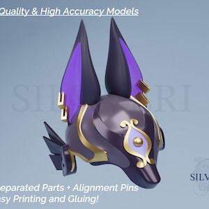 May include: A 3D printed model of a purple and gold fox head with large ears. The model is pre-separated into parts for easy printing and gluing. The text "High Quality & High Accuracy Models" and "SILVVERI" are visible in the image.