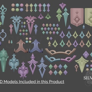 Pu&ograve; includere: Una collezione di modelli 3D che presentano diverse forme geometriche, tra cui diamanti, cerchi e forme appuntite. I modelli sono di diversi colori, tra cui rosa, blu, verde e viola. Il testo "The 3D Models Included in this Product" &egrave; nella parte inferiore dell'immagine.