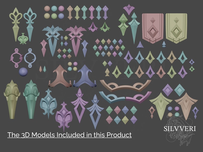 Pu&ograve; includere: Una collezione di modelli 3D che presentano diverse forme geometriche, tra cui diamanti, cerchi e forme appuntite. I modelli sono di diversi colori, tra cui rosa, blu, verde e viola. Il testo "The 3D Models Included in this Product" &egrave; nella parte inferiore dell'immagine.