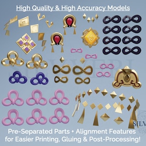 May include: A collection of 3D printed models, including infinity symbols, crowns, and geometric shapes. The models are pre-separated for easier printing, gluing, and post-processing. The models are in various colors, including gold, purple, and pink.