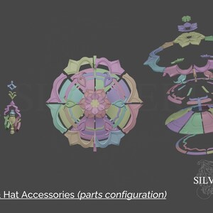 May include: A multi-layered, pastel-colored hat with a flower design. The hat is made up of several individual pieces, each with a different shape and color. The hat is shown in a parts configuration, with each piece labeled.