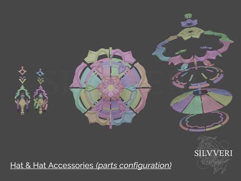 May include: A multi-layered, pastel-colored hat with a flower design. The hat is made up of several individual pieces, each with a different shape and color. The hat is shown in a parts configuration, with each piece labeled.