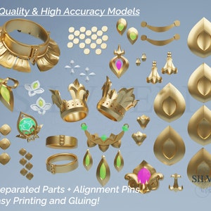 May include: A set of 3D printed gold-colored crown and jewelry pieces. The pieces are pre-separated for easy printing and gluing. The image includes the text "High Quality & High Accuracy Models" and "Pre-Separated Parts + Alignment Pins for Easy Printing and Gluing!" and the logo "SILVVERI".
