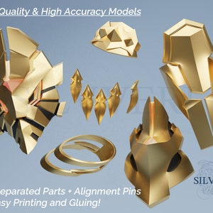 Può includere: Kit di modello di un elmo stampato in 3D di colore dorato con parti pre-separate e perni di allineamento. Il kit include una corona, una maschera per il viso e altri pezzi. Il testo "High Quality & High Accuracy Models" e "Pre-Separated Parts + Alignment Pins for Easy Printing and Gluing!" è visibile nell'immagine. Il testo "SILVVERI" è anche visibile nell'immagine.