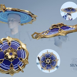 May include: A gold and blue decorative hat with intricate floral designs. The hat has a wide brim and a tall crown. The hat is made of metal and has a blue and gold color scheme.