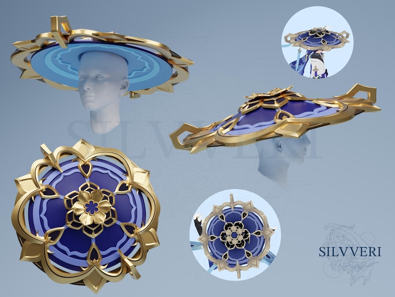 May include: A gold and blue decorative hat with intricate floral designs. The hat has a wide brim and a tall crown. The hat is made of metal and has a blue and gold color scheme.