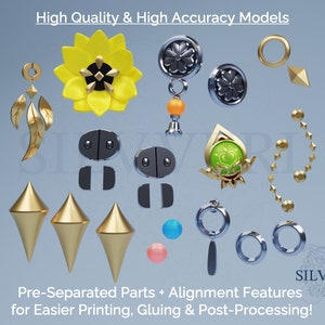 May include: Assortment of 3D models in gold, silver, yellow, black, and blue. The models include earrings, a sunflower, geometric shapes, and other decorative elements. Text at the top reads "High Quality & High Accuracy Models". Text at the bottom reads "Pre-Separated Parts + Alignment Features for Easier Printing, Gluing & Post-Processing!"