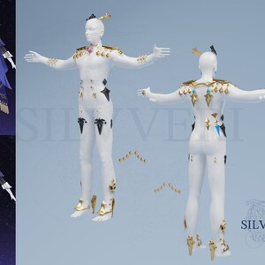 Pu&ograve; includere: Un modello 3D bianco di una persona che indossa un abito dettagliato con accenti dorati, neri e blu. Il modello &egrave; in posa con le braccia distese. Lo sfondo &egrave; di colore azzurro chiaro con il testo "SILVVERI" nell'angolo in basso a destra.