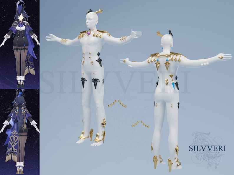 Pu&ograve; includere: Un modello 3D bianco di una persona che indossa un abito dettagliato con accenti dorati, neri e blu. Il modello &egrave; in posa con le braccia distese. Lo sfondo &egrave; di colore azzurro chiaro con il testo "SILVVERI" nell'angolo in basso a destra.