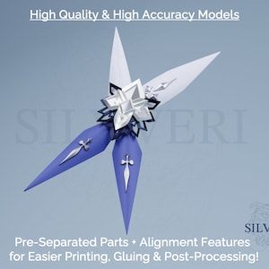 May include: A 3D printed model of a blue and white star-shaped object with the text "SILVVERI" printed on it. The model is pre-separated into parts for easier printing, gluing, and post-processing.