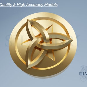 May include: A gold-colored, three-dimensional, geometric design with a star in the center. The design is circular and has a raised edge.