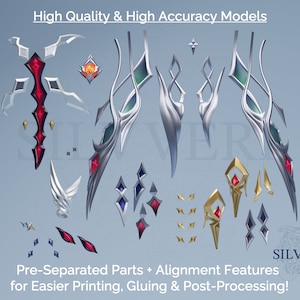Op de afbeelding: Een set van vooraf gescheiden 3D-geprinte onderdelen voor een fantasie-accessoire. De onderdelen zijn zilver, goud en rood met ingewikkelde details. De afbeelding bevat de tekst "High Quality & High Accuracy Models" en "Pre-Separated Parts + Alignment Features for Easier Printing, Gluing & Post-Processing!" en "SILVVERI".