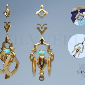 May include: A gold and blue decorative piece with intricate details and a geometric design. The piece has a central gem and is made up of multiple interlocking parts.