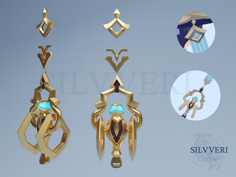 May include: A gold and blue decorative piece with intricate details and a geometric design. The piece has a central gem and is made up of multiple interlocking parts.